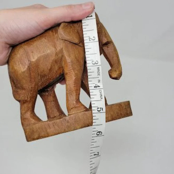 Wooden Brown Carved Elephant Boho Decorative Tabletop Figurine - Picture 3 of 10